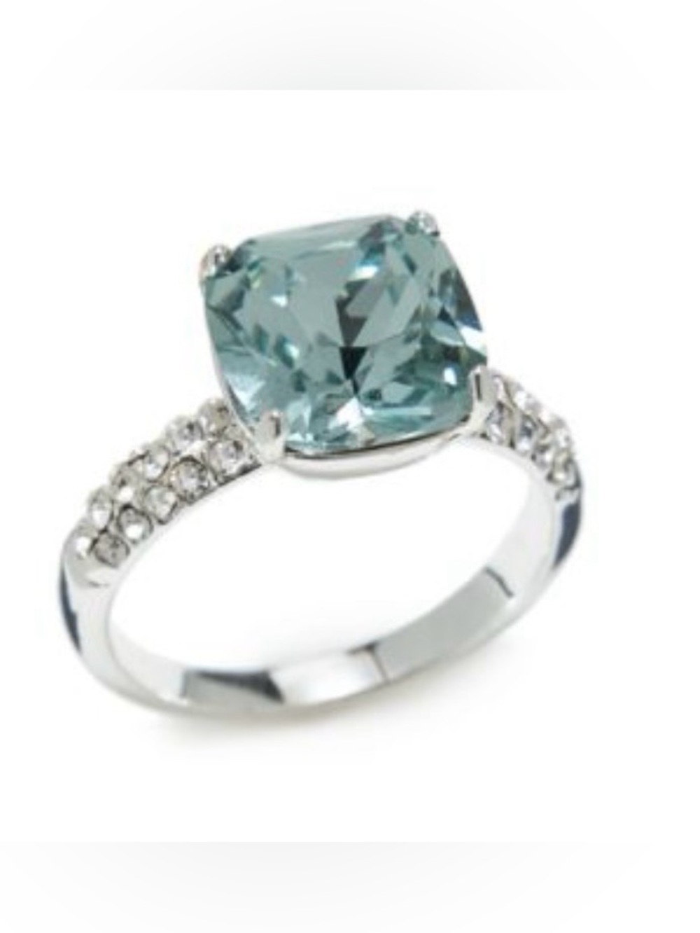 Belk Silver Ring with Aquamarine Cushion-Cut Stone and Clear Pavé Accents size 6
